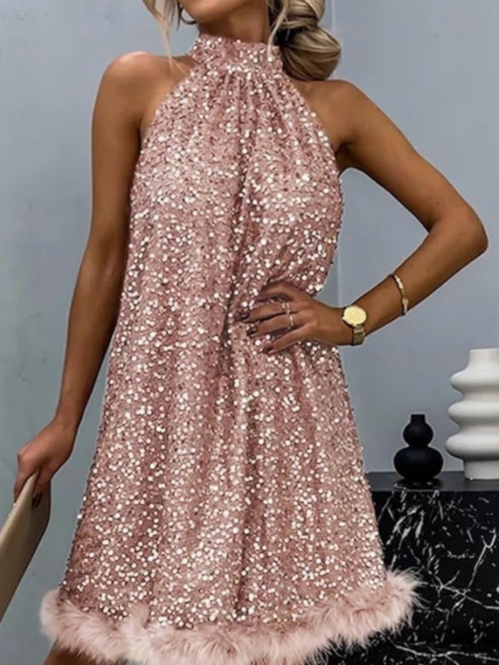 Pink Sequin Halter Mini Dress Medium Like New